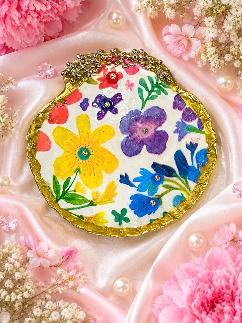 Hand-Painted Floral Round Compact Mirror with Gold Trim - Multicolor
